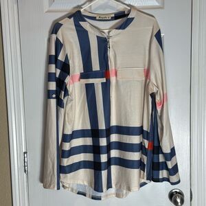 Moyabo Women’s 2XL Long Sleeve Shirt Cream Navy Pink 1/4 Zip Casual